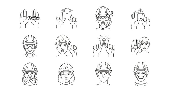 Line art icon set of construction safety gestures and diverse worker portraits wearing hard hats and protective eyewear, perfect for industrial safety communication.
