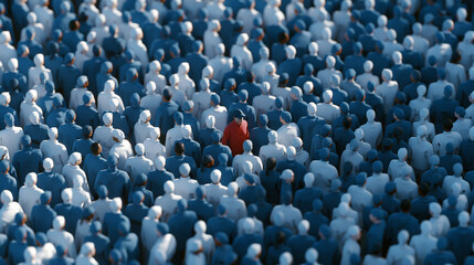 Obraz premium Abstract aerial concept showing uniformity and diversity, overhead crowd of people in matching outfits with one individual in a contrasting color standing out, individuality