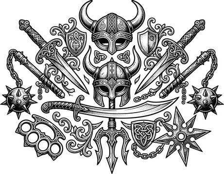 Vintage Medieval Weapon and Viking Helmet Vector Crest Set with Swords, Shields, Flails, Knuckle Dusters, and Tridents for Detailed Tattoo and Gaming Designs