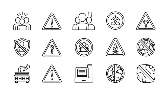 Vector line icons set depicting warning signs, prohibition symbols, business concepts, social issues, safety precautions, and technology elements.