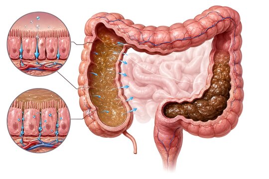 Cross section illustration of human colon showing large intestine anatomy, water absorption, and healthy digestive system process