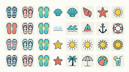 Obraz premium Colorful beach icons set including flip flops seashells starfish sun palm tree and beach ball on white background for summer vacation and leisure activities