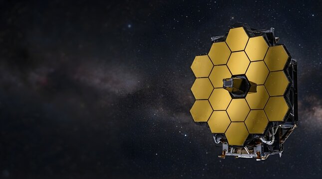 Large gold telescope mirror floating in deep universe with galaxy background