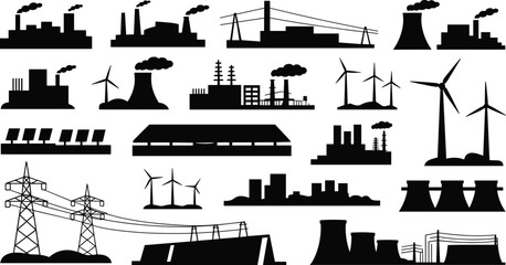 Obraz premium Power Plant and Energy Industry Silhouette Collection with Factories Wind Turbines and Electricity Infrastructure Vector Set