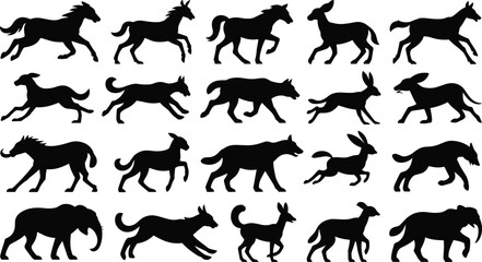 Obraz premium Running Animal Silhouette Collection with Wild Mammals and Domestic Creatures Vector Illustration Isolated Background
