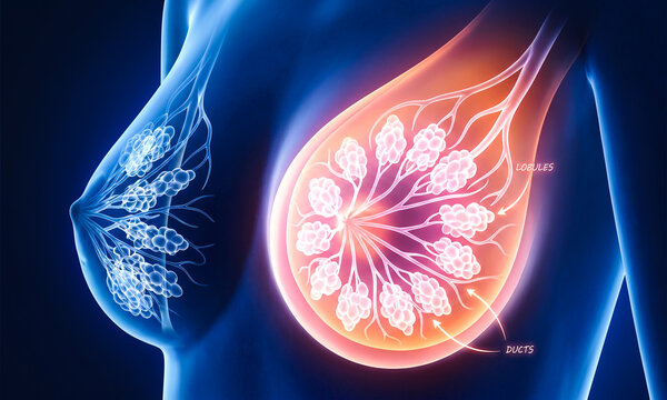 Female breast anatomy illustration with lobules and ducts highlighted