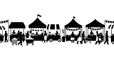 Naklejka premium Silhouette illustration of a street food market with vendors and customers.