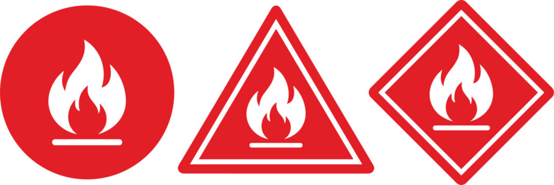 Flammable and Combustible Material Warning Sign Set Featuring Red Circle Triangle and Diamond Shapes with White Fire Flame Icons for Industrial Hazard Safety Labels