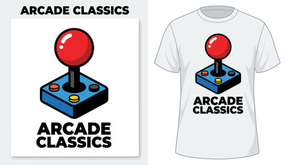 This vibrant illustration features a retro arcade joystick with a bold red button, perfect for evoking nostalgia and capturing the essence of classic gaming culture. © Jinliu
