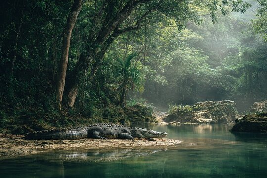 crocodile resting on riverbank surrounded by lush jungle