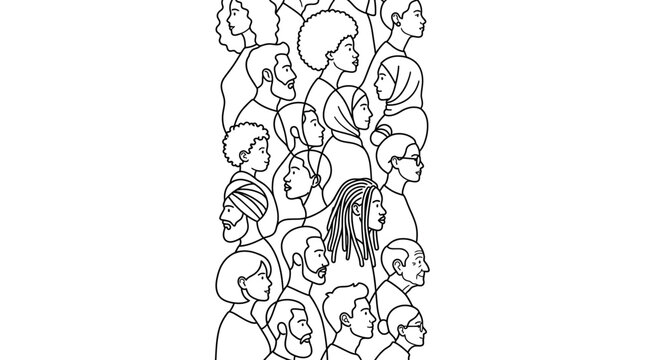 Diverse group of people in a stylized line art illustration.