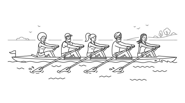 Diverse team of rowers paddling in a racing boat line art illustration.