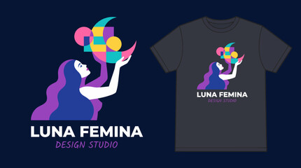 Fototapeta premium The image showcases a vibrant logo design for 'Luna Femina' with an elegant female figure and colorful shapes, representing creativity and femininity suitable for design studios.