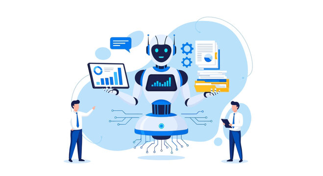 Artificial intelligence robot assistant helping business professionals with data analysis and documents.