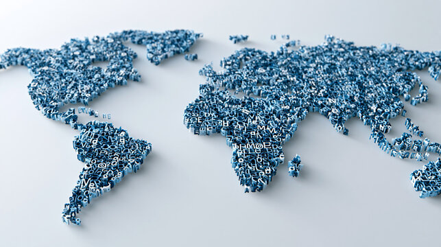 Abstract world map composed entirely of tiny letters and typographic characters in blue outline style, global communication concept, text map design, international language
