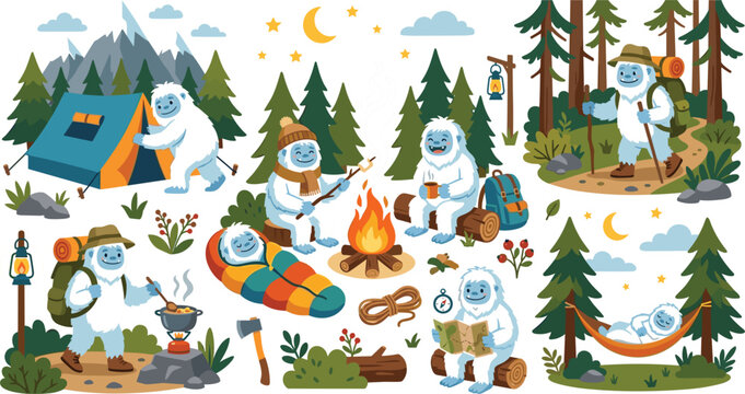 Yeti Camping Adventure Vector Set with Cute Bigfoot Characters, Campfire, Tent, Forest Trees, and Outdoor Wilderness Activities for Kids