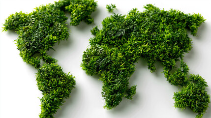 Obraz premium Top view world map formed by lush green grass texture, sustainable earth concept, environmental awareness, nature-inspired cartography, clean background, with copy space