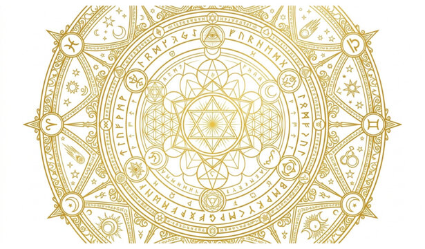 Arcane golden magic circle vector mystical rune symbol illustration