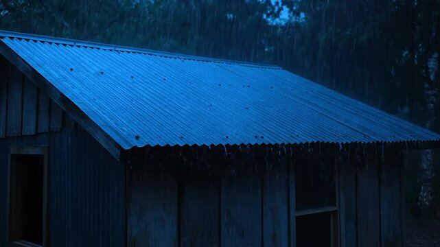 Rain falling on a blue corrugated metal roof of a rustic wooden building.
