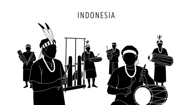 Silhouette illustration of traditional Indonesian musicians playing ethnic instruments.