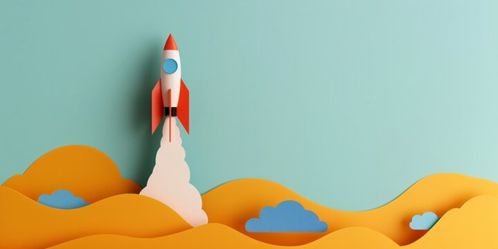 Rocket launching into blue sky above paper clouds conceptual art creative design playful environment