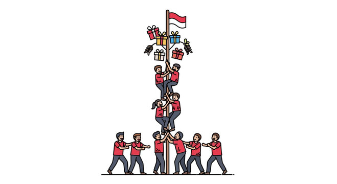 People climbing a pole to grab prizes for Indonesian Independence Day celebration.