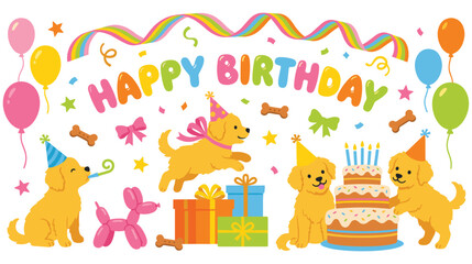 Obraz premium Happy birthday with puppies, cake, gifts, balloons and confetti.