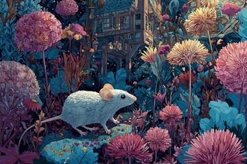 Naklejka premium mouse exploring a giant garden with flowers