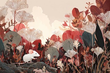 Naklejka premium mouse exploring a giant garden with flowers