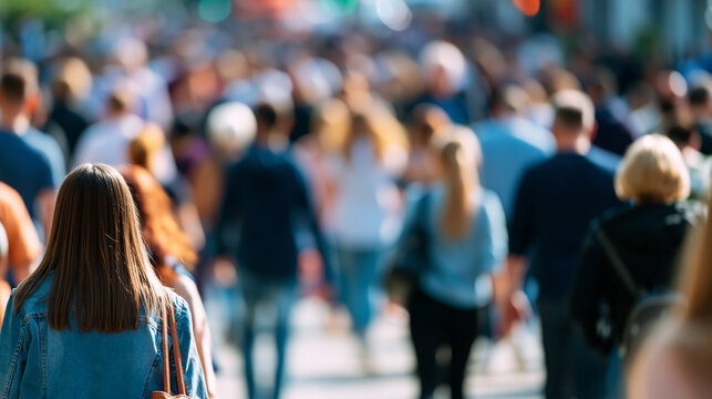 Street-level view of a large crowd moving through an urban environment, busy city life, pedestrian flow, social diversity, public gathering, faceless, motion blur on crowd,