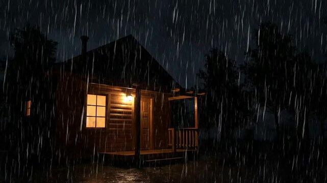 Cozy Cabin in the Woods During a Rainy Night.