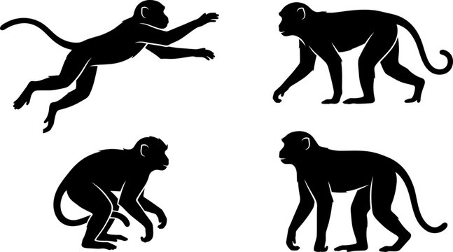 Wild Monkey Silhouette Vector Icon Set Featuring Primate Characters Jumping Walking and Sitting for Safari Jungle and Nature Wildlife Designs