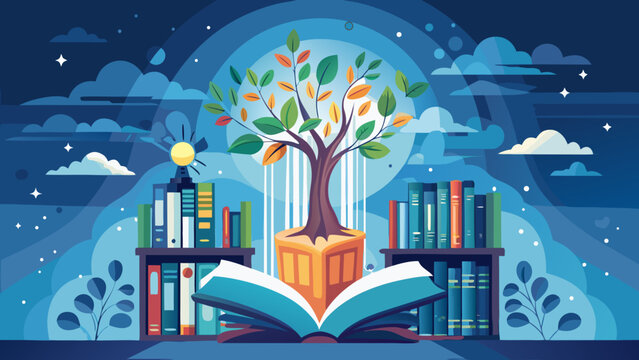 The concept of education by planting a tree of knowledge in the opening of an old book in the library and the magical magic of light that flies to the
