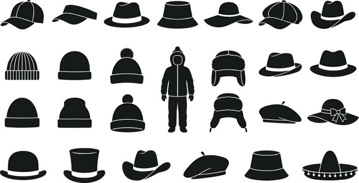 Men and women hat headwear vector silhouette collection featuring baseball cap winter beanie fedora cowboy hat top hat beret isolated on white background.