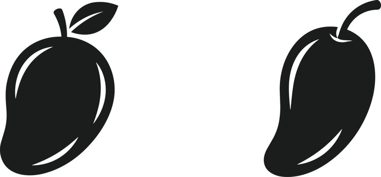 Mango fruit vector icon set featuring simple black silhouette shapes with leaf details perfect for organic food branding isolated on white background.