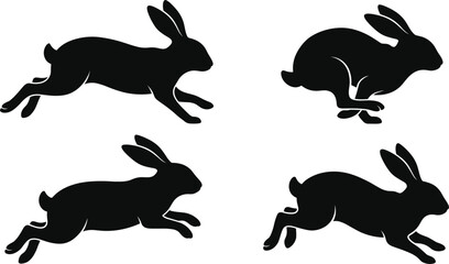 Running rabbit silhouette vector collection featuring jumping hare action poses perfect for Easter holiday designs wildlife graphics isolated on a white background. © MstSelina