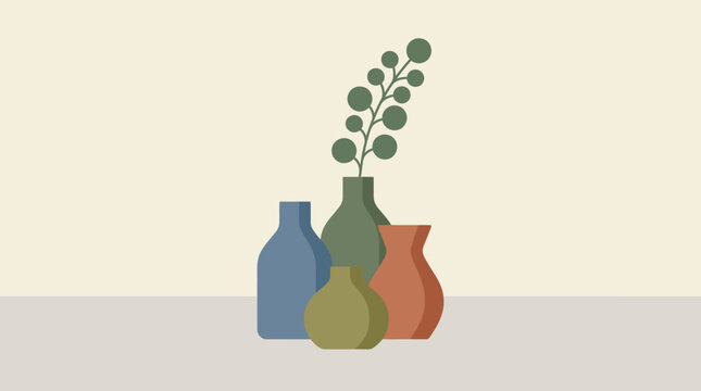 This elegant abstract artwork features colorful vases and foliage on a minimalist background, conveying a sense of balance and harmony in design.