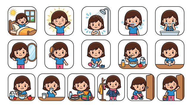 Vector illustration set of a cute little girl's morning routine icons featuring waking up, showering, brushing teeth, washing face, dressing, eating breakfast, and leaving for school.