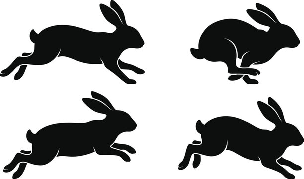 Running rabbit silhouette vector collection featuring jumping hare action poses perfect for Easter holiday designs wildlife graphics isolated on a white background.
