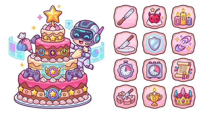 Cute chibi robot decorating a four-layer gaming cake with controllers and stars, accompanied by twelve matching UI icons featuring kitchen tools and game rewards on white background.