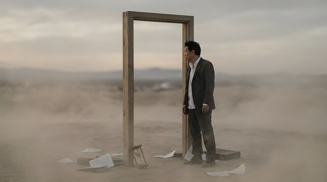 Contemplative man in a barren landscape stands by an empty door frame, facing an uncertain path as time ebbs away