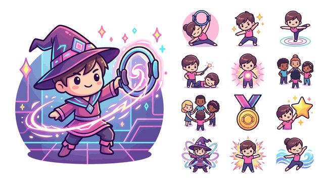 Vector illustration set featuring a cute chibi wizard boy in a purple robe casting spells with a glowing hoop, including icons for yoga, pilates, teamwork, gold medals, and achievement.