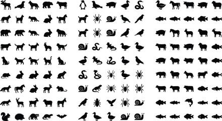 Mega animal silhouette vector mega bundle featuring farm wild marine life icons mammals birds insects reptiles collection set isolated on a white background. © MstSelina