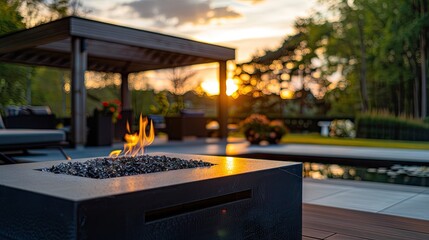Naklejka premium Cozy Sunset Fire Pit on a Rooftop Terrace