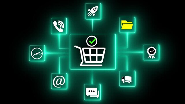 E-commerce order management system. Fulfillment operations software for online store. Businessman using laptop computer to process orders.