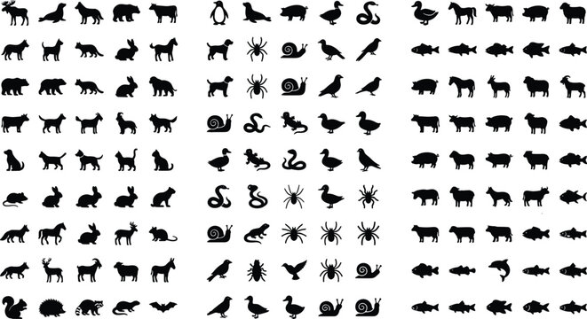 Mega animal silhouette vector mega bundle featuring farm wild marine life icons mammals birds insects reptiles collection set isolated on a white background.