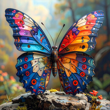 Hyperrealistic colorful papercraft butterfly with vibrant blue orange pink mosaic wings spread wide, 3D origami insect art perched on stone in natural garden background, creative wildlife illustration