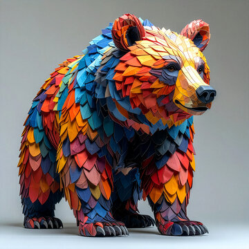Hyperrealistic colorful papercraft bear with vibrant multicolored layered scales in red blue orange yellow, 3D origami wildlife animal art isolated on neutral studio background, creative decorative 