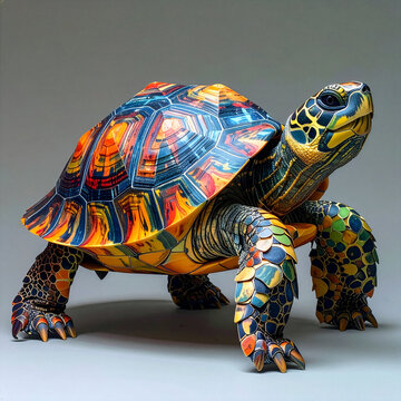 Hyperrealistic vibrant mosaic turtle with colorful geometric shell in orange, blue, red, yellow, artistic 3D papercraft tortoise sculpture isolated on neutral gray studio background, creative wildlife
