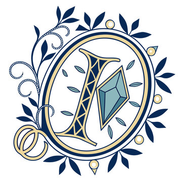 Elegant monogram logo with geometric diamond and laurel wreath design in navy and gold